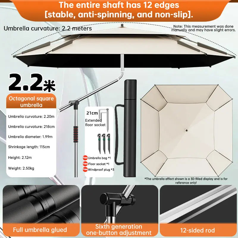 2.0-2.6m Octagonal Fishing Umbrella Portable Beach Sun Shade Camping Parasol UV Waterproof with Carry Bag eprolo