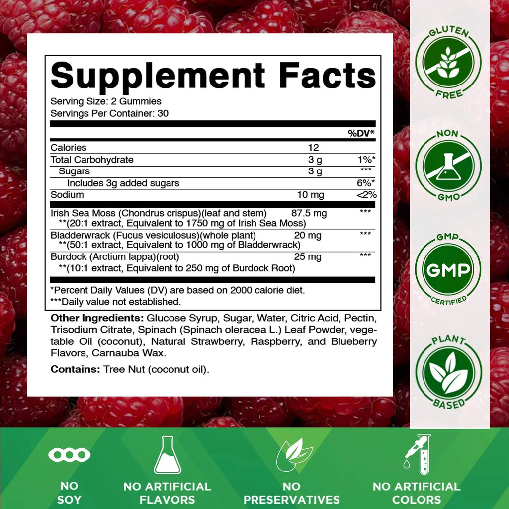 Irish Sea Moss Gummies - 3000 Mg - 60 Vegan Gummies - Made with Bladderwrack & Burdock Root - Seamoss Supplement for Thyroid, Energy, Immune Support