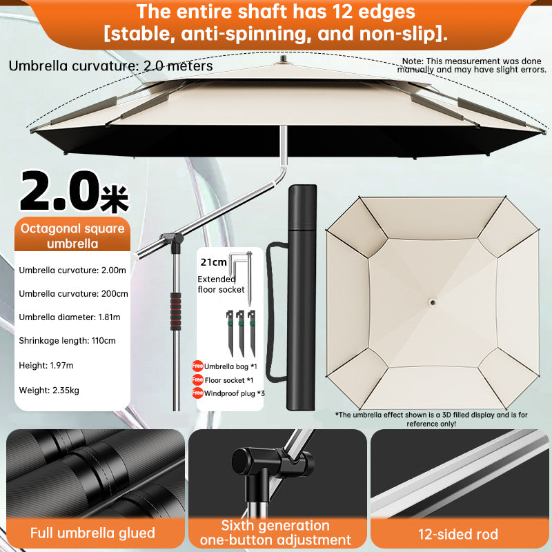 2.0-2.6m Octagonal Fishing Umbrella Portable Beach Sun Shade Camping Parasol UV Waterproof with Carry Bag eprolo