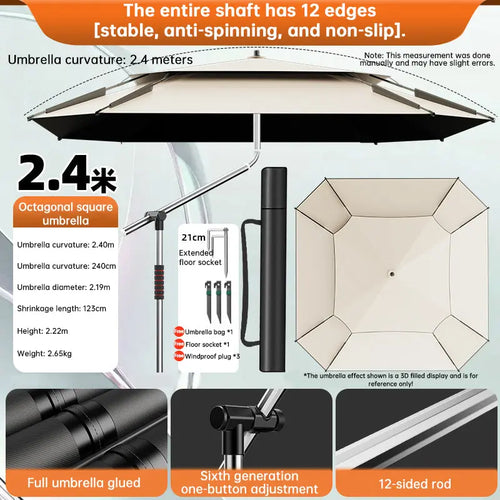 2.0-2.6m Octagonal Fishing Umbrella Portable Beach Sun Shade Camping Parasol UV Waterproof with Carry Bag eprolo