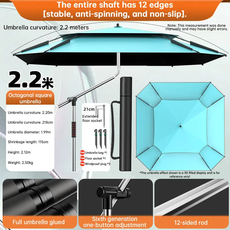 2.0-2.6m Octagonal Fishing Umbrella Portable Beach Sun Shade Camping Parasol UV Waterproof with Carry Bag eprolo