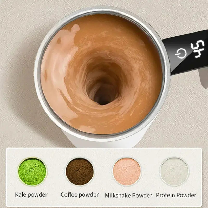 Automatic Stirring Mug with LED Temperature Display, Rechargeable Magnetic Coffee Cup with Lid - 12oz for Home or Office. Flyobi