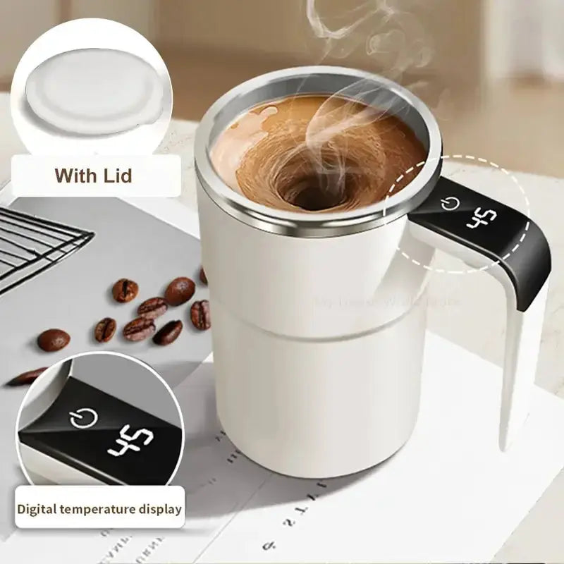 Automatic Stirring Mug with LED Temperature Display, Rechargeable Magnetic Coffee Cup with Lid - 12oz for Home or Office. Flyobi