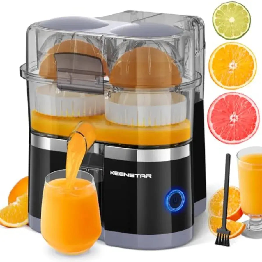 Portable electric citrus juicer with dual-head squeezer for lemon, grapefruit, orange; stainless steel body, white color; high Flyobi