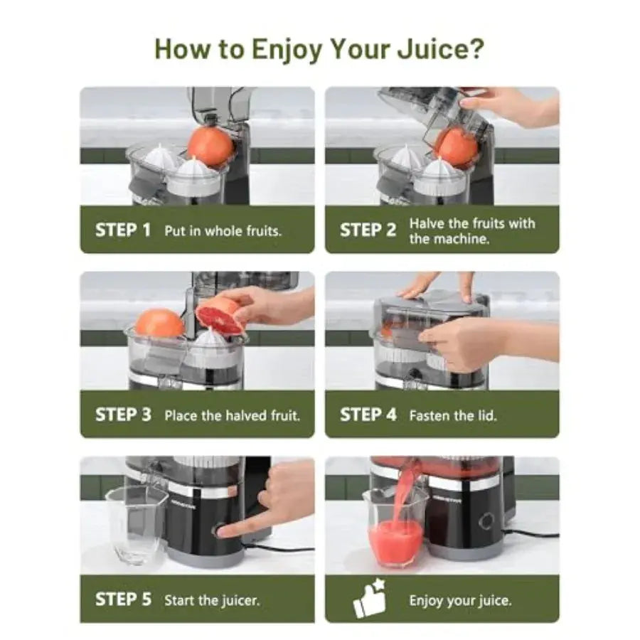 Portable electric citrus juicer with dual-head squeezer for lemon, grapefruit, orange; stainless steel body, white color; high Flyobi
