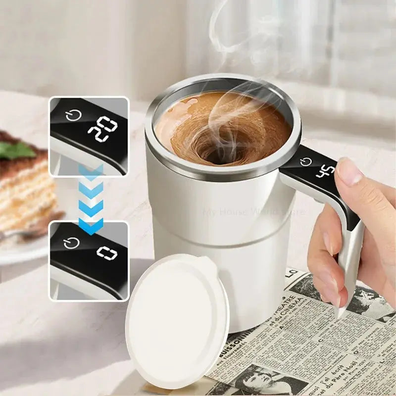 Automatic Stirring Mug with LED Temperature Display, Rechargeable Magnetic Coffee Cup with Lid - 12oz for Home or Office. Flyobi