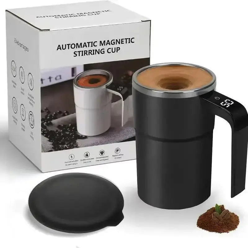 Automatic Stirring Mug with LED Temperature Display, Rechargeable Magnetic Coffee Cup with Lid - 12oz for Home or Office. Flyobi
