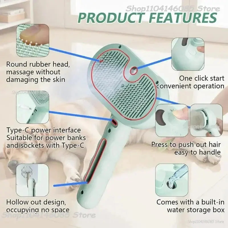 Pet Spray Hair Comb, Steam Massage Brush with Soft Round Teeth, Safe Hair Removal Comb for Dog & Cat Cleaning Flyobi