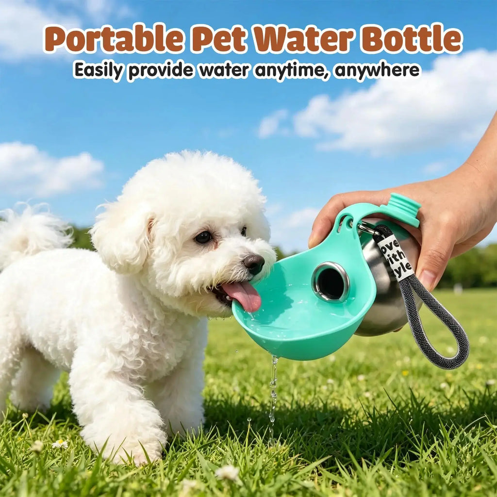 Portable Dog Water Bottle Stainless Steel with Silicone Bowl Leak Proof Pet Drinking Bottle for Dogs Cats Hiking Travel Walking Flyobi