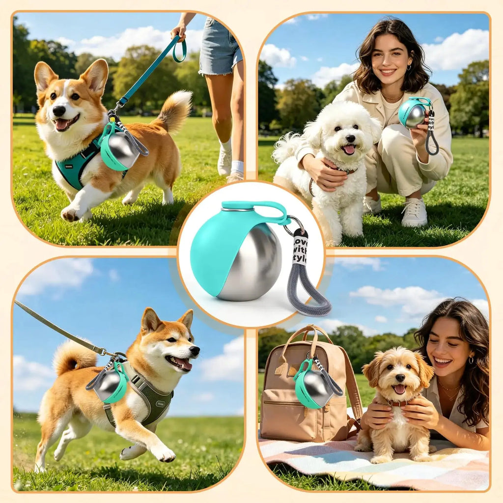 Portable Dog Water Bottle Stainless Steel with Silicone Bowl Leak Proof Pet Drinking Bottle for Dogs Cats Hiking Travel Walking Flyobi