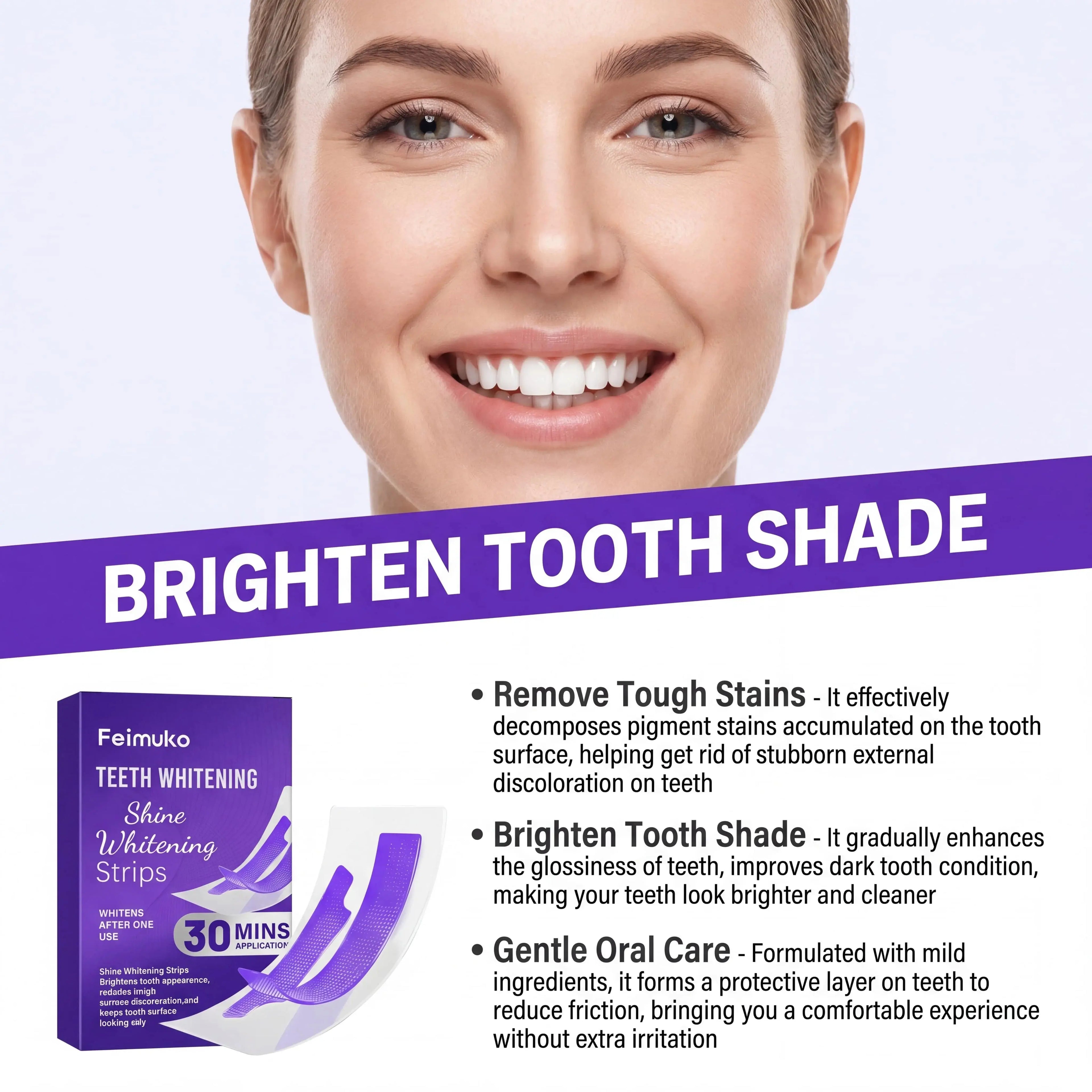 Purple Teeth Whitening Strips 30min Brighten Tooth Remove Plaque Stain Cleaning Oral Hygiene Strips Flyobi