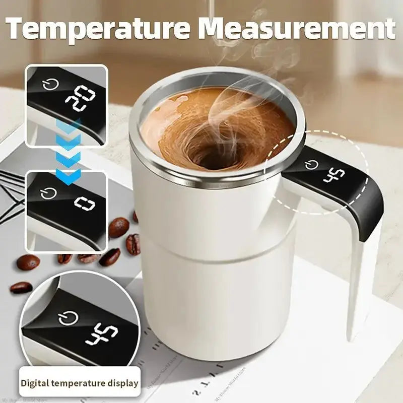 Automatic Stirring Mug with LED Temperature Display, Rechargeable Magnetic Coffee Cup with Lid - 12oz for Home or Office. Flyobi