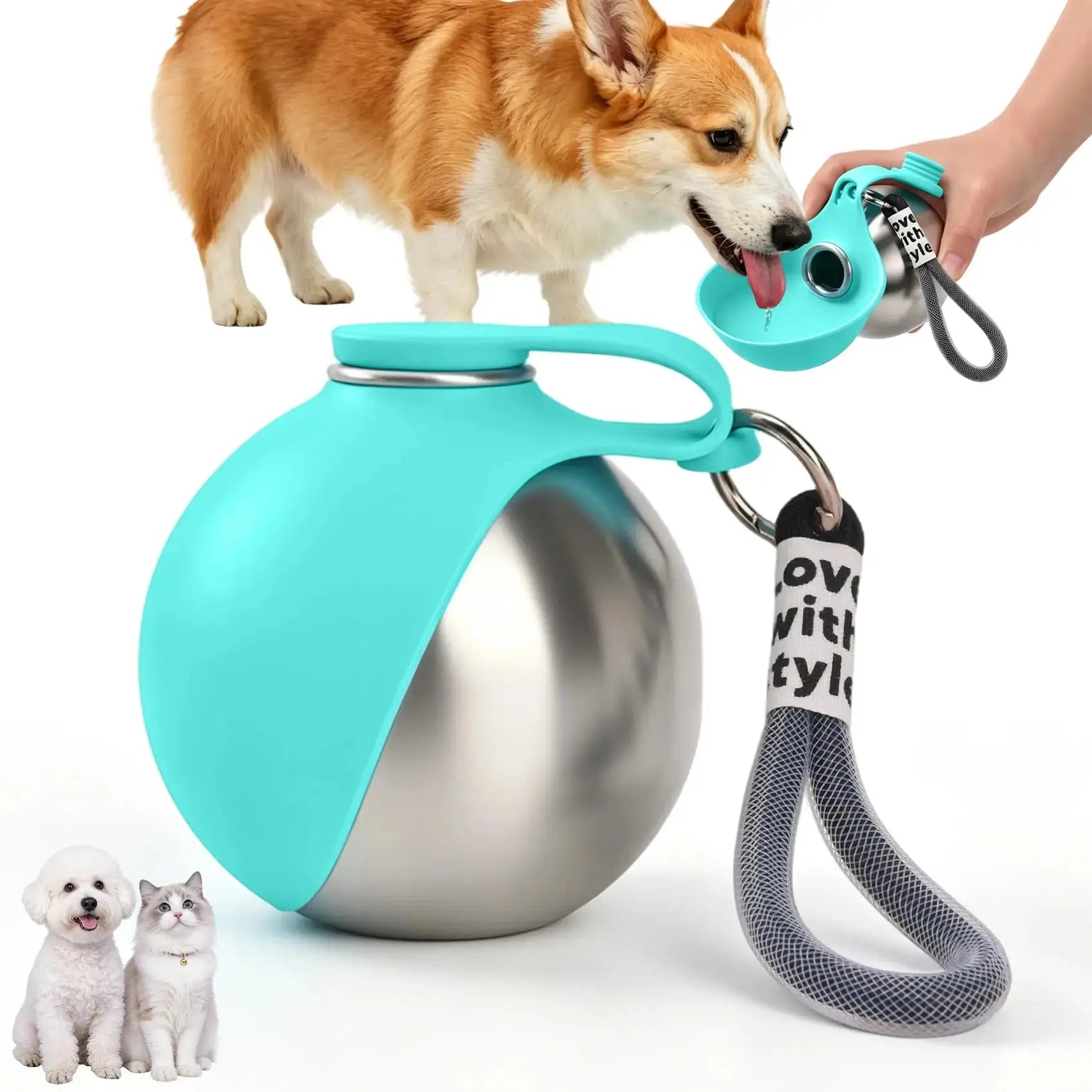 Portable Dog Water Bottle Stainless Steel with Silicone Bowl Leak Proof Pet Drinking Bottle for Dogs Cats Hiking Travel Walking Flyobi