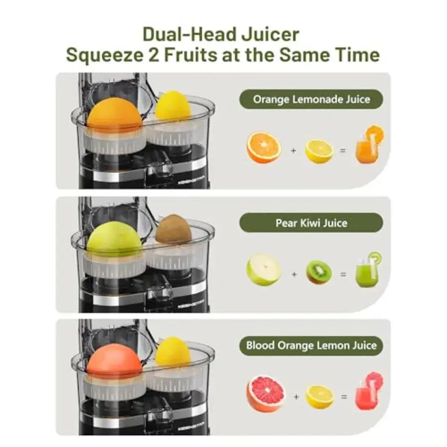 Portable electric citrus juicer with dual-head squeezer for lemon, grapefruit, orange; stainless steel body, white color; high Flyobi