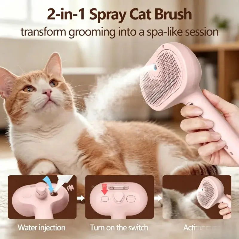 Pet Spray Hair Comb, Steam Massage Brush with Soft Round Teeth, Safe Hair Removal Comb for Dog & Cat Cleaning Flyobi