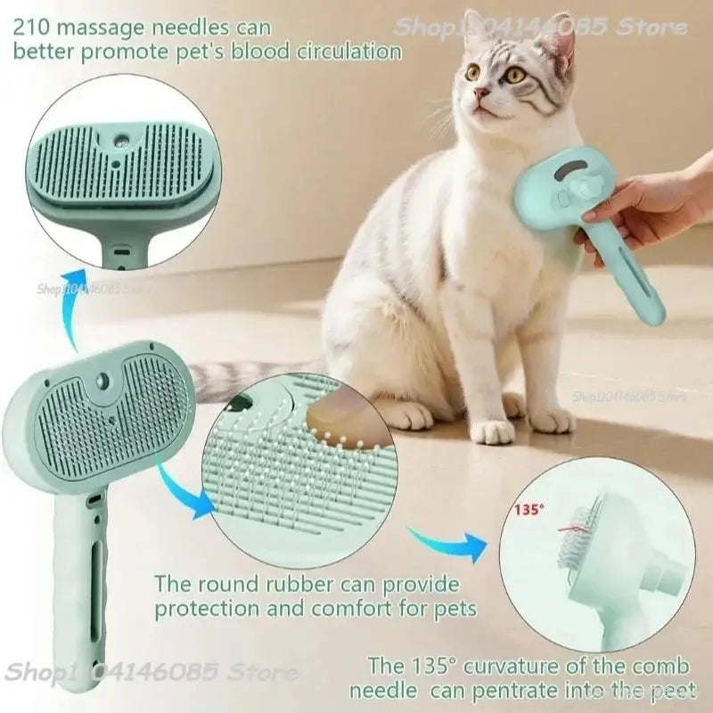 Pet Spray Hair Comb, Steam Massage Brush with Soft Round Teeth, Safe Hair Removal Comb for Dog & Cat Cleaning Flyobi