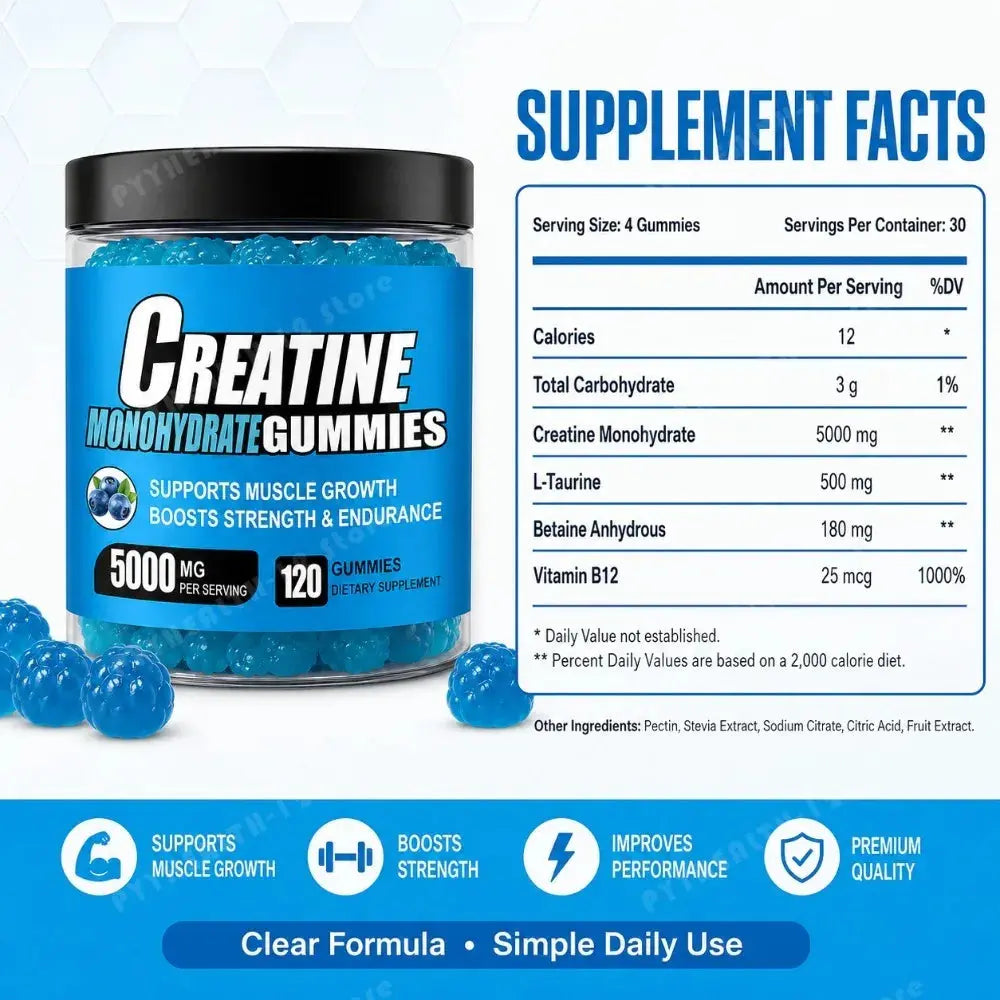 Creatine Monohydrate Gummies 5000mg Per Serving, 120 Gummies for Muscle Strength, Endurance & Energy, Dietary Supplement Flyobi