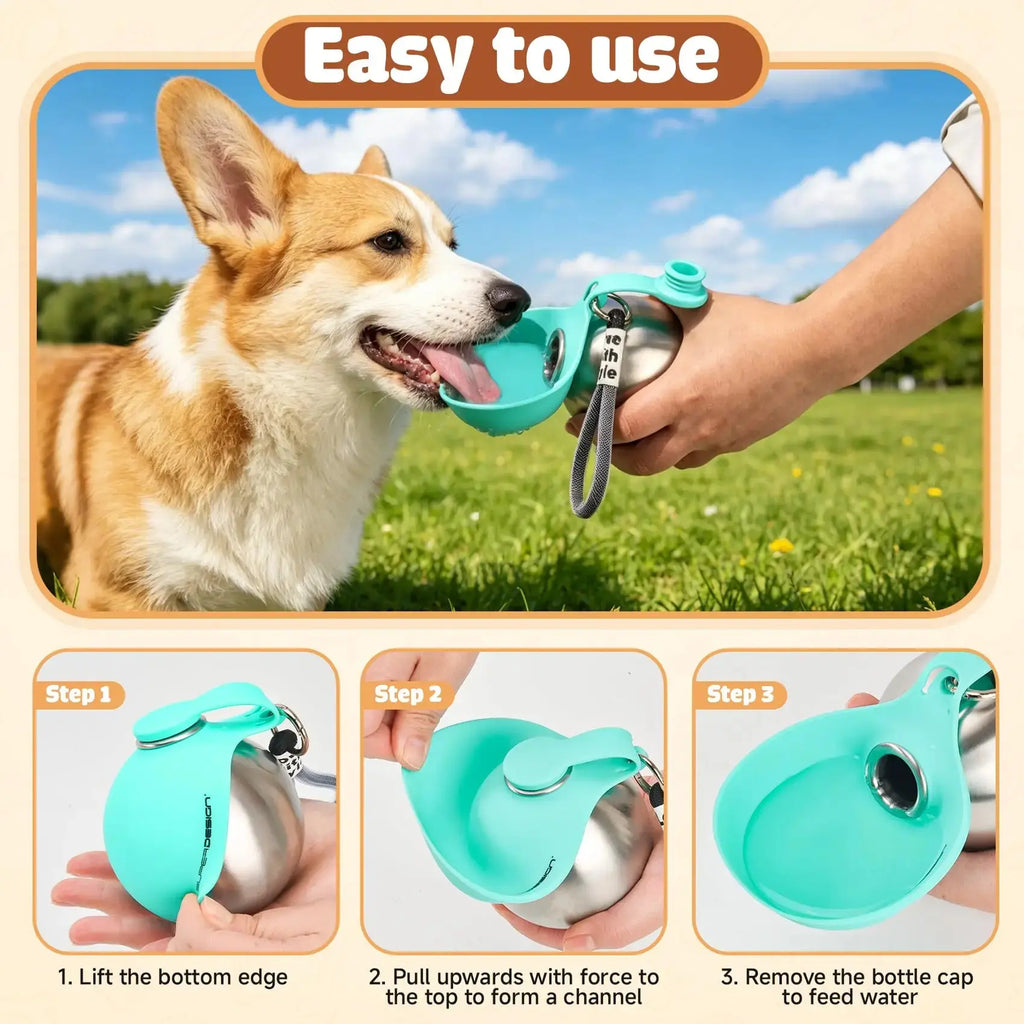 Portable Dog Water Bottle Stainless Steel with Silicone Bowl Leak Proof Pet Drinking Bottle for Dogs Cats Hiking Travel Walking Flyobi