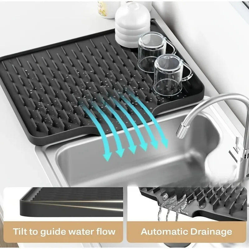 Non-Slip Silicone Kitchen Drain Mat with Built-in Drainage Design, Heat-Resistant and Easy to Clean, Suitable for Countertops Flyobi