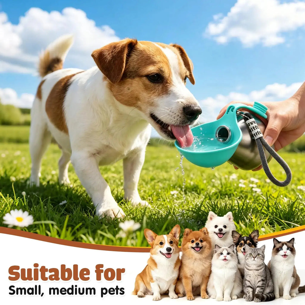 Portable Dog Water Bottle Stainless Steel with Silicone Bowl Leak Proof Pet Drinking Bottle for Dogs Cats Hiking Travel Walking Flyobi