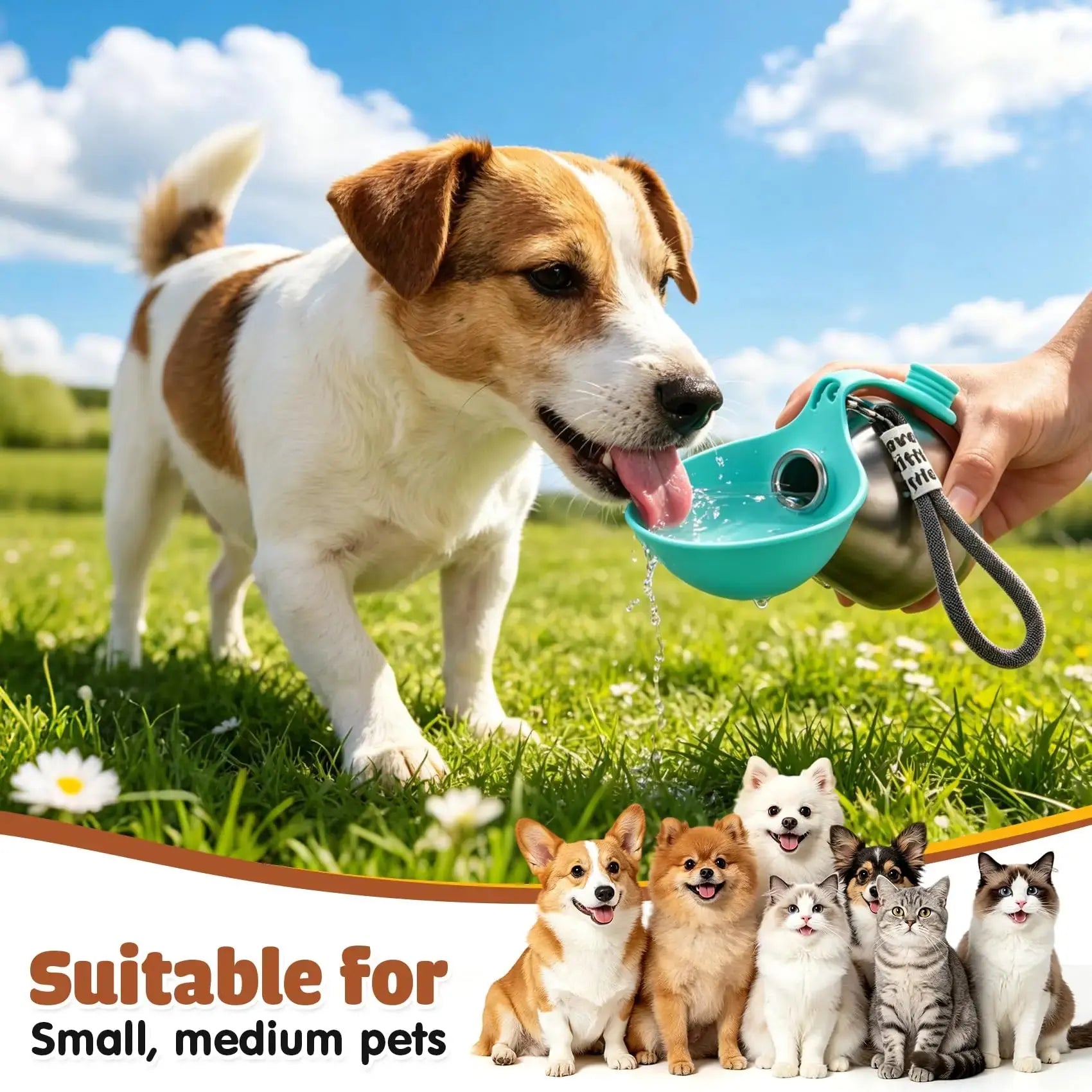 Portable Dog Water Bottle Stainless Steel with Silicone Bowl Leak Proof Pet Drinking Bottle for Dogs Cats Hiking Travel Walking Flyobi